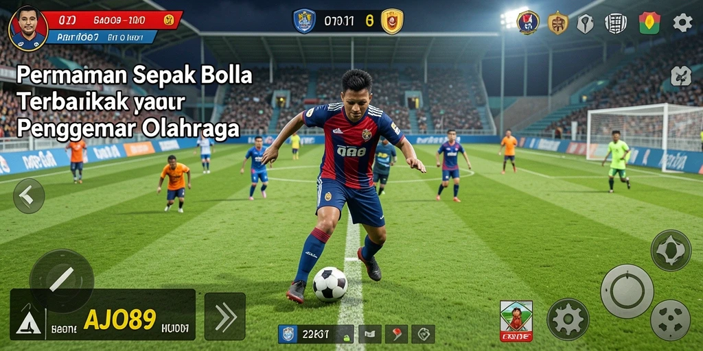 Screenshot utama AJO89 menampilkan gameplay sepak bola yang penuh aksi.