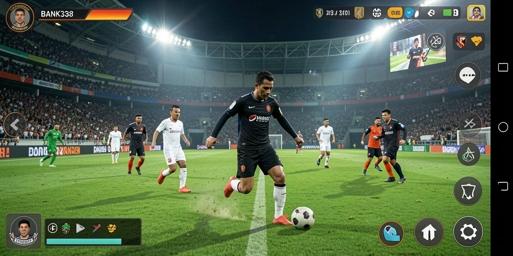 Tangkapan layar utama BANK338 memperlihatkan aksi seru di lapangan sepak bola.