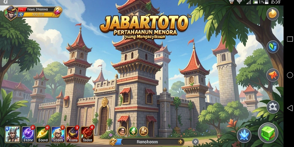 Tampilan gameplay seru di JABARTOTO dengan menara pertahanan yang megah.