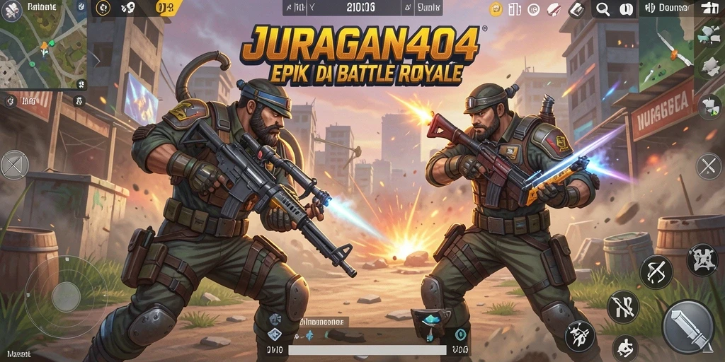 Tampilan seru gameplay JURAGAN404 dalam mode Battle Royale.