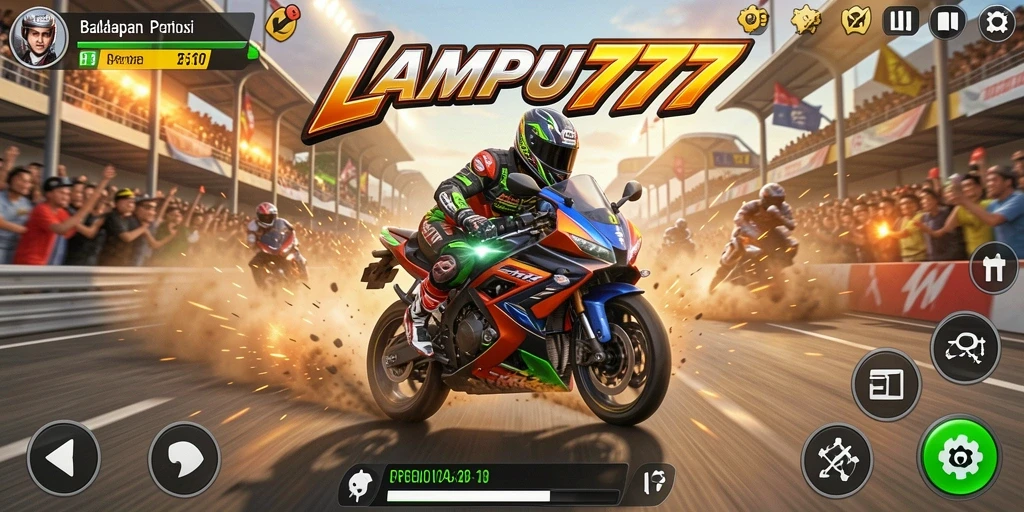 Tampilan gameplay seru LAMPU777 dengan balapan motor yang mendebarkan.